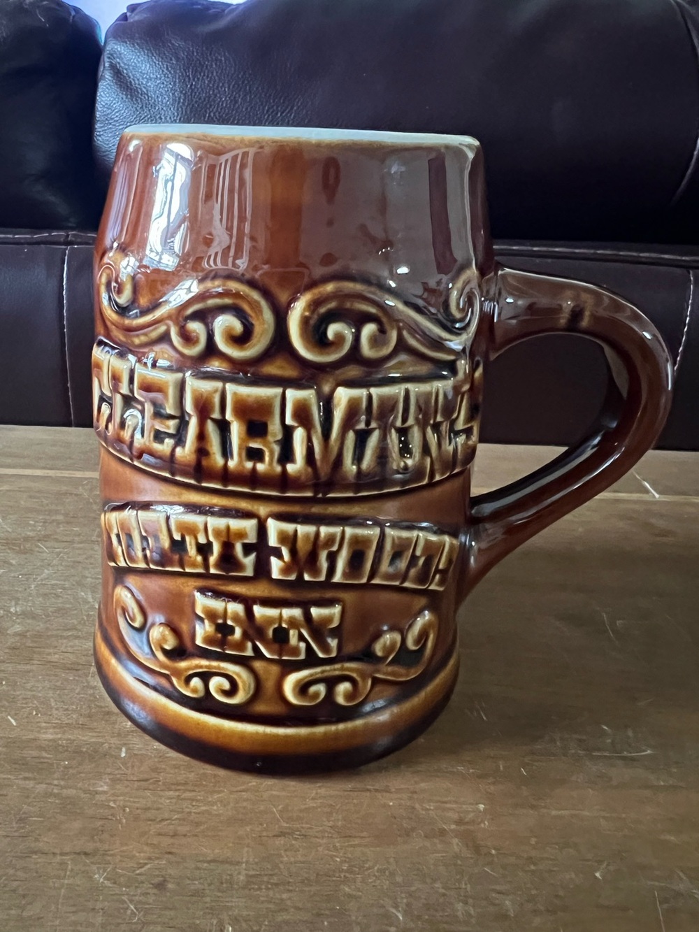 Hall Pottery Clearman’s Northwood’s Inn mug/stein Vintage 5”tall 3”across top.